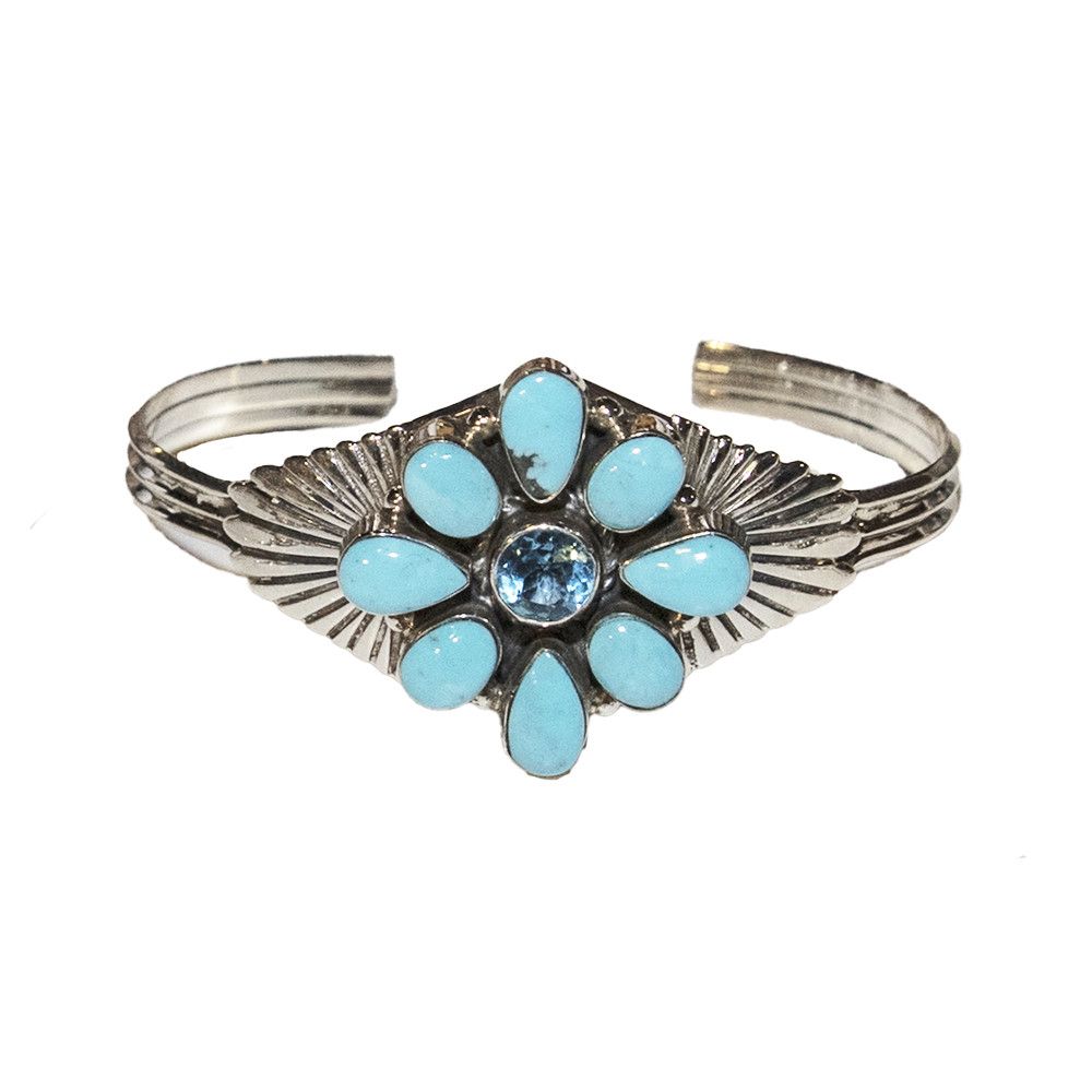 SILVER TURQUOISE &amp; TOPAZ CUFF BRACELET NAVAJO-L MARTINEZ