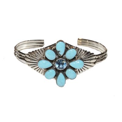 SILVER TURQUOISE & TOPAZ CUFF BRACELET NAVAJO-L MARTINEZ SILVER TURQUOISE & TOPAZ CUFF BRACELET NAVAJO-L MARTINEZ
