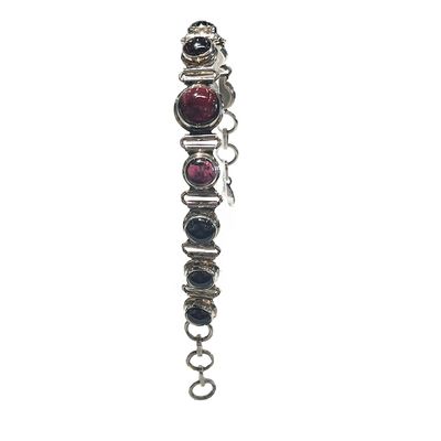 SILVER ROUND GARNET LINK BRACELET