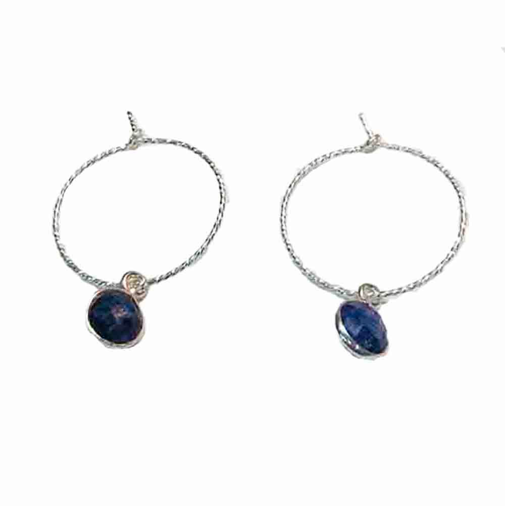 SILVER SAPPHIRE TEXTURED HOOP EARRINGS