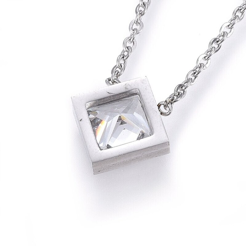 SILVER STAINLESS CZ SQUARE NECKLACE