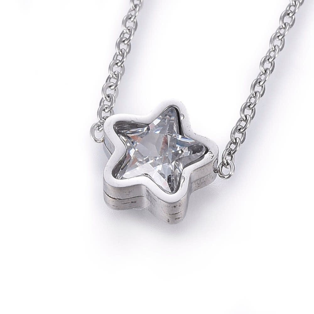 SILVER STAINLESS STAR CZ NECKLACE FJNN5
