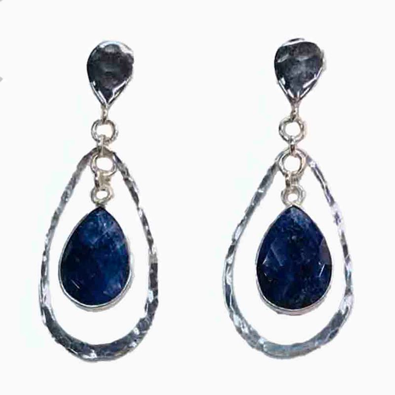 SILVER SAPPHIRE HAMMERED TEARDROP EARRINGS