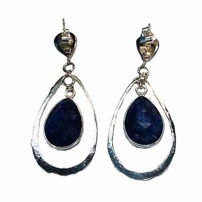 SILVER SAPPHIRE HAMMERED TEARDROP EARRINGS