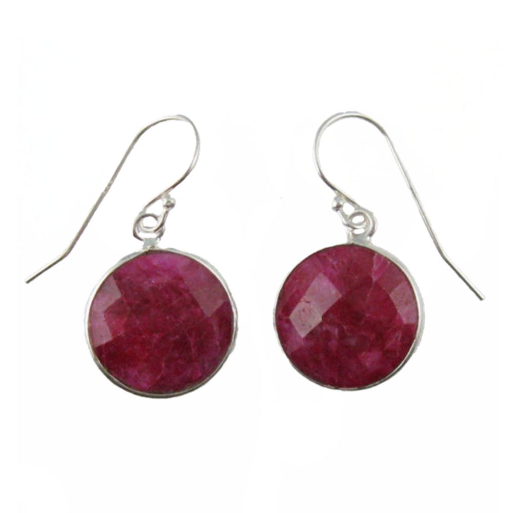 SILVER ROUND FACETED RUBY  EARRINGS