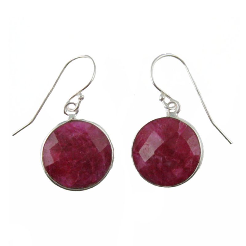 SILVER ROUND FACETED RUBY  EARRINGS