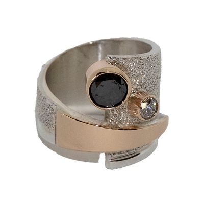 SILVER/GOLD BLACK &amp; WHITE DIAMONDS WRAP RING-7