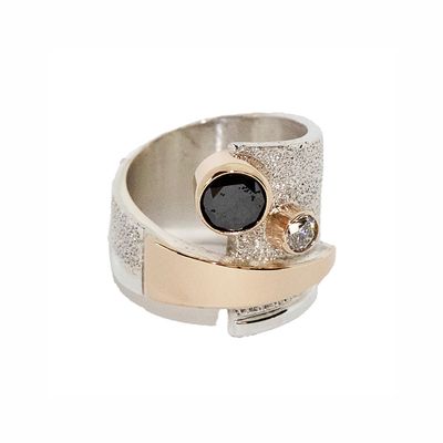 SILVER/GOLD BLACK &amp; WHITE DIAMONDS WRAP RING-7
