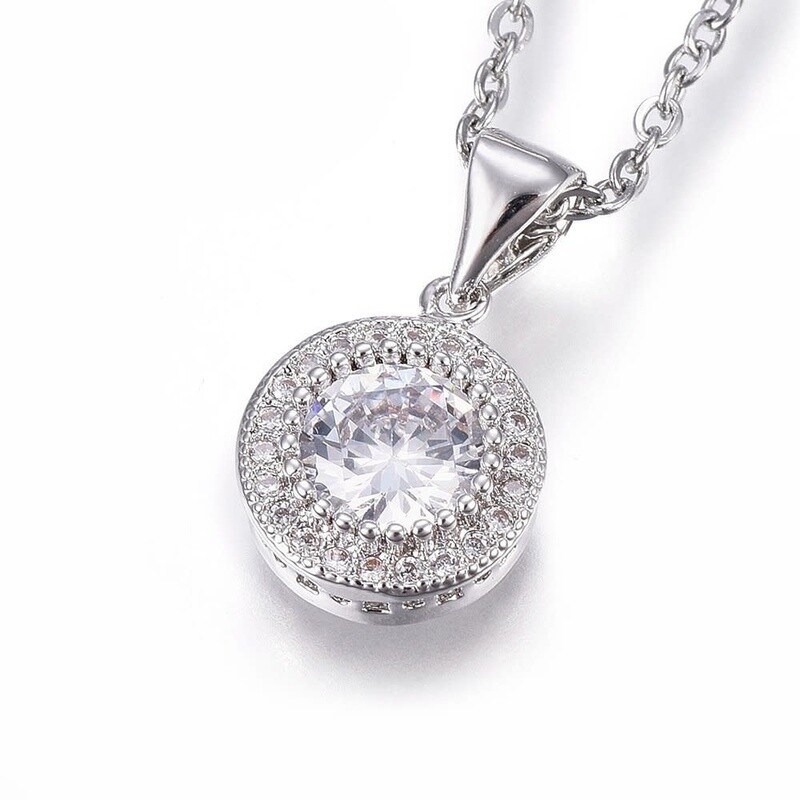 SILVER STAINLESS ROUND CZ NECKLACE