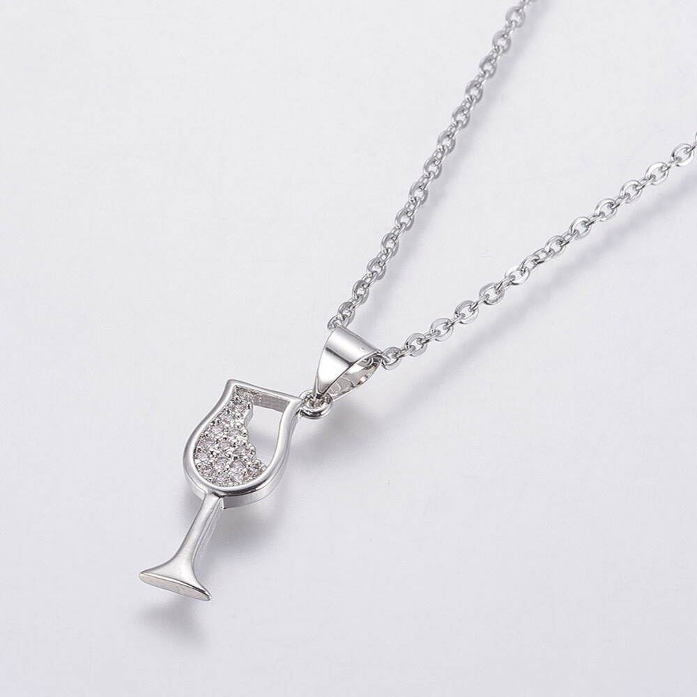 SILVER STAINLESS CZ WINE GLASS NECKLACE
