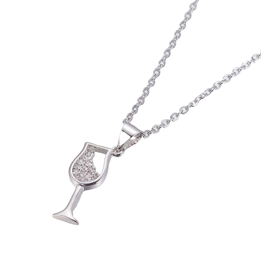 SILVER STAINLESS CZ WINE GLASS NECKLACE