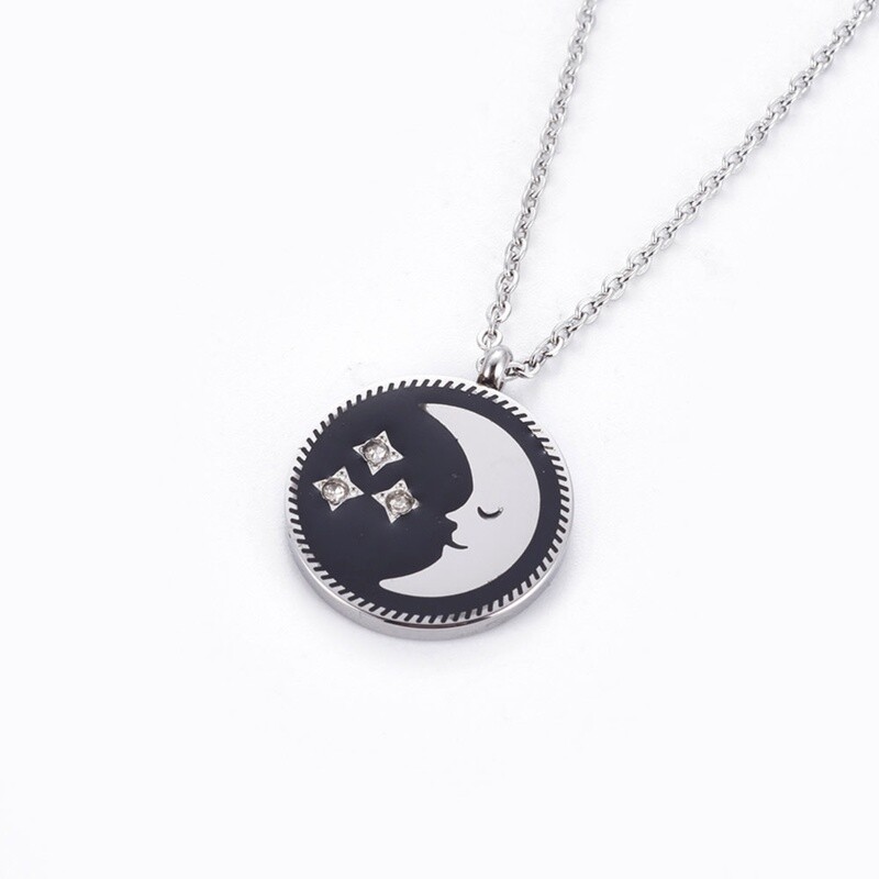 SILVER STAINLESS MOON &amp; CZ STARS NECKLACE
