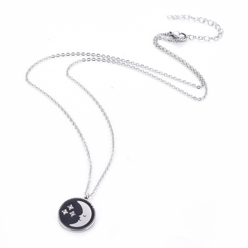 SILVER STAINLESS MOON &amp; CZ STARS NECKLACE