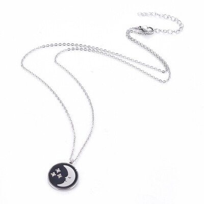 SILVER STAINLESS MOON & CZ STARS NECKLACE