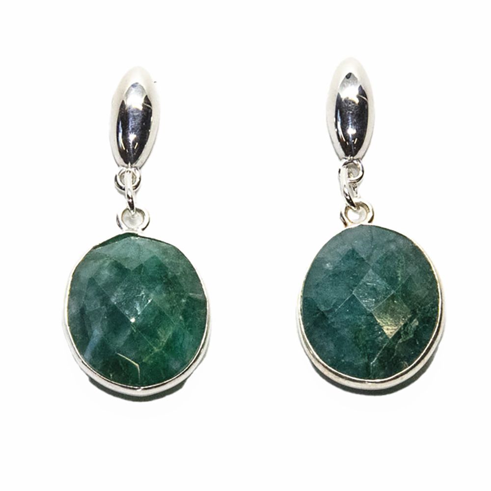 SILVER EMERALD OVAL POST EARRINGS