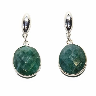 SILVER EMERALD OVAL POST EARRINGS