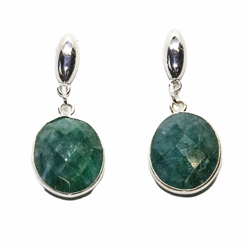 SILVER EMERALD OVAL POST EARRINGS