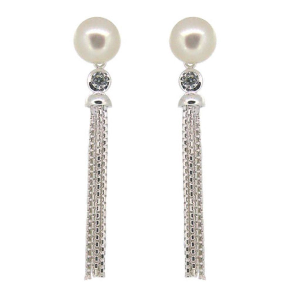 SILVER FRESHWATER PEARL &amp; CZ TASSEL EARRINGS