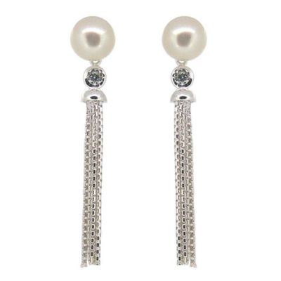 SILVER FRESHWATER PEARL &amp; CZ TASSEL EARRINGS
