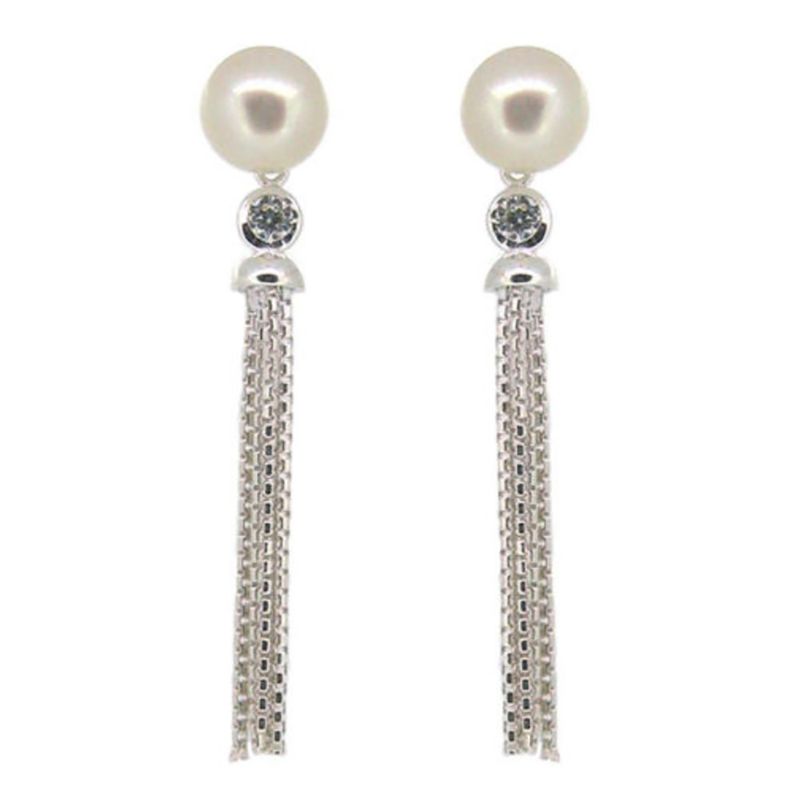 SILVER FRESHWATER PEARL &amp; CZ TASSEL EARRINGS