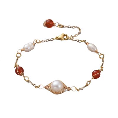 GOLD STAINLESS CARNELIAN &amp; PEARL BRACELET