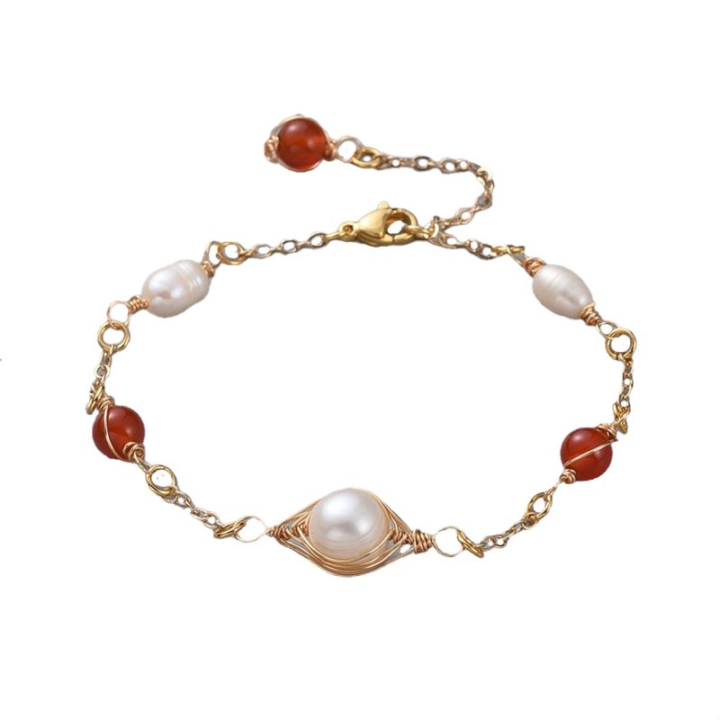 GOLD STAINLESS CARNELIAN &amp; PEARL BRACELET