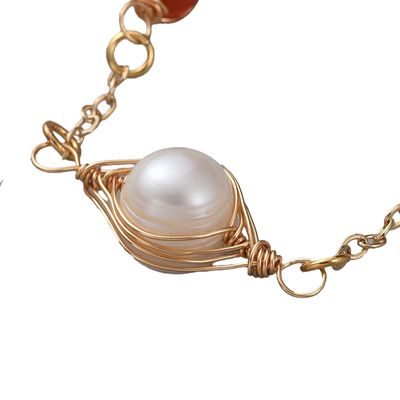 GOLD STAINLESS CARNELIAN &amp; PEARL BRACELET