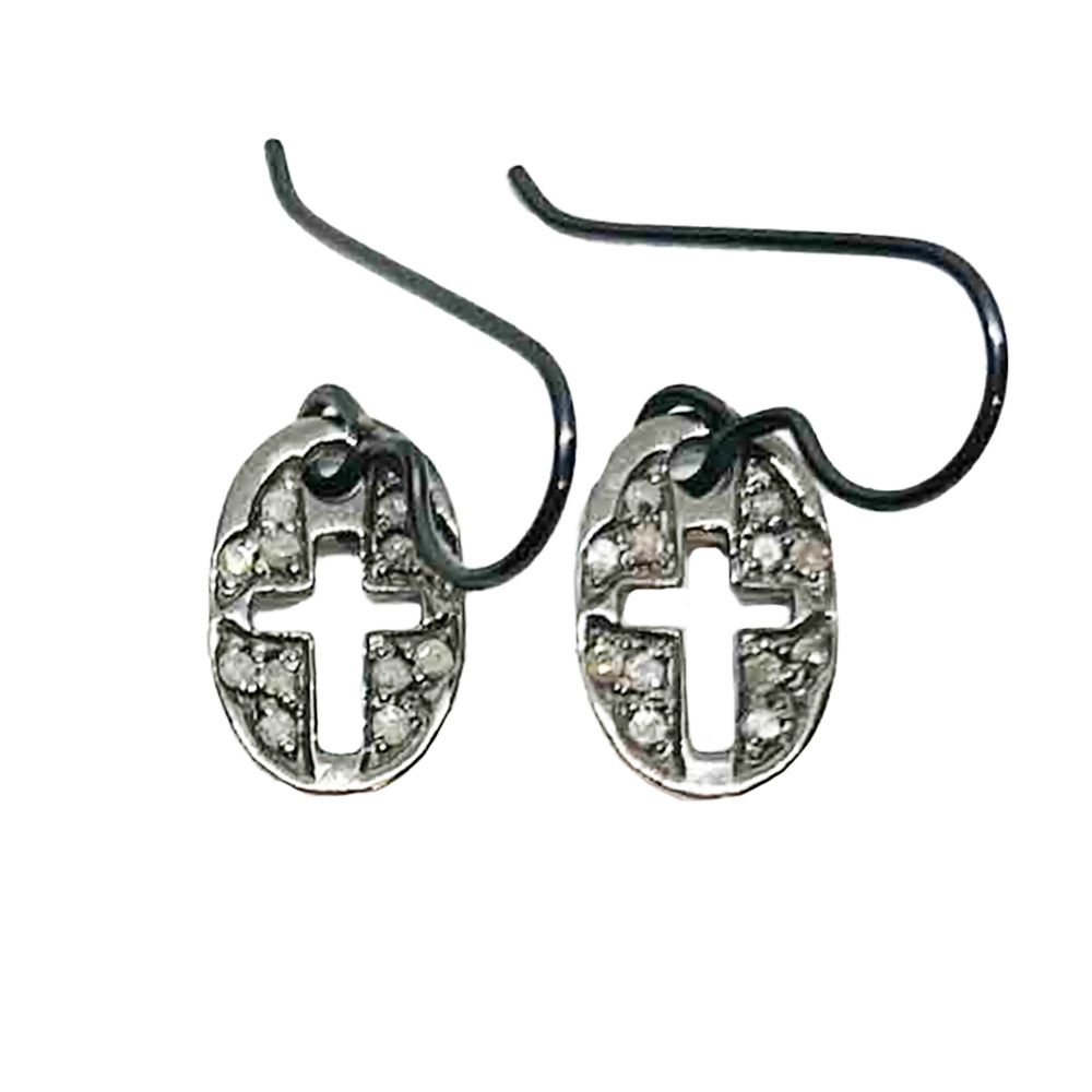 SILVER OXIDIZED DIAMOND CROSS EARRINGS