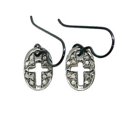 SILVER OXIDIZED DIAMOND CROSS EARRINGS