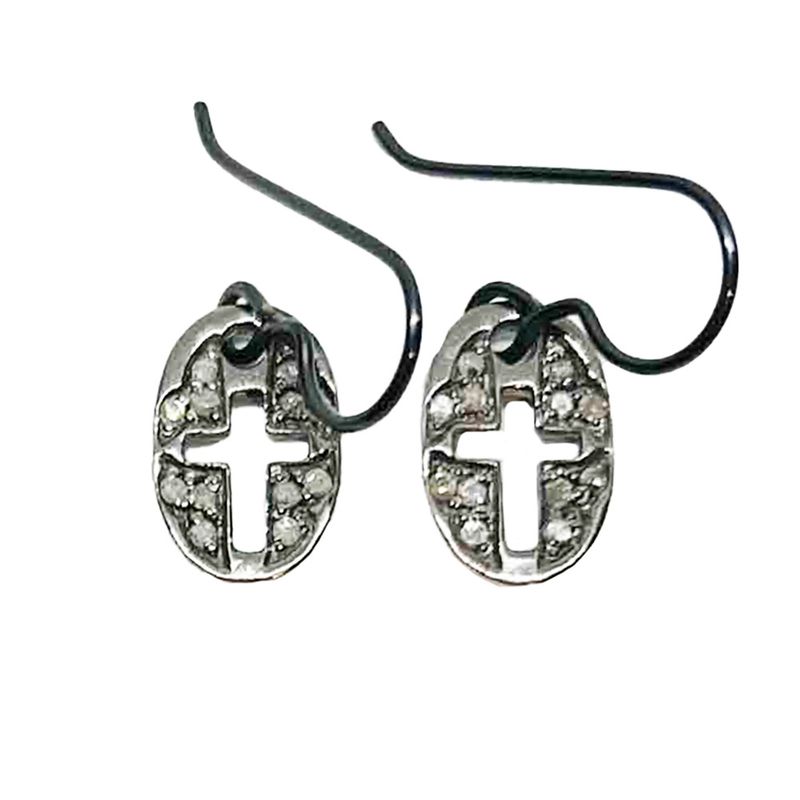 SILVER OXIDIZED DIAMOND CROSS EARRINGS