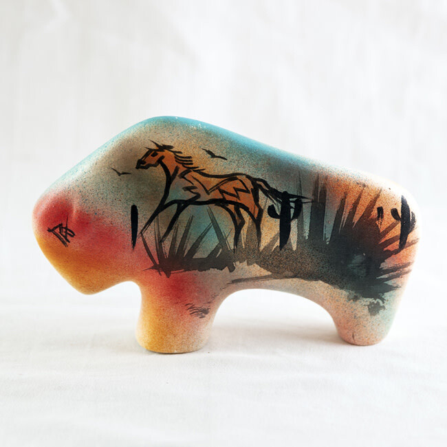 "SW SMALL BISON TALES" Painted Pottery 4x6.5