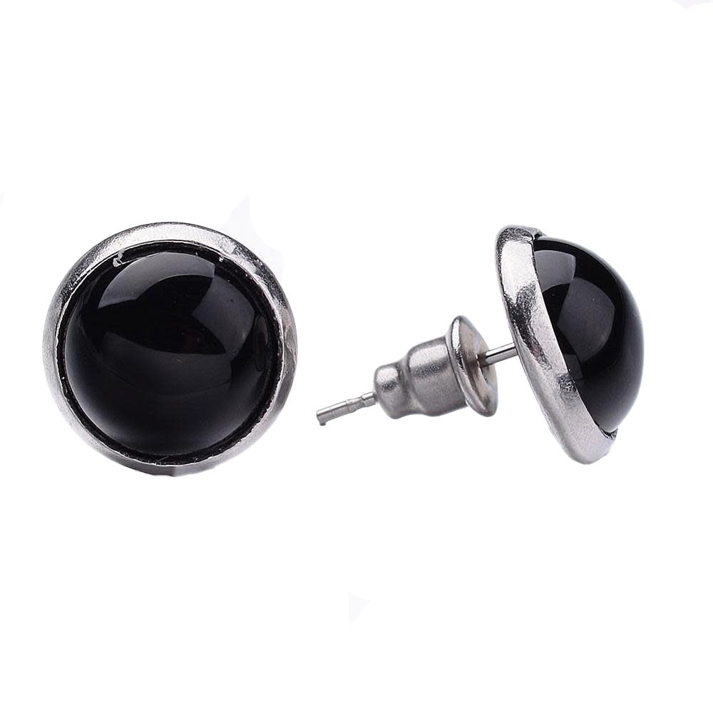 SILVER STAINLESS BLACK AGATE STUD EARRINGS