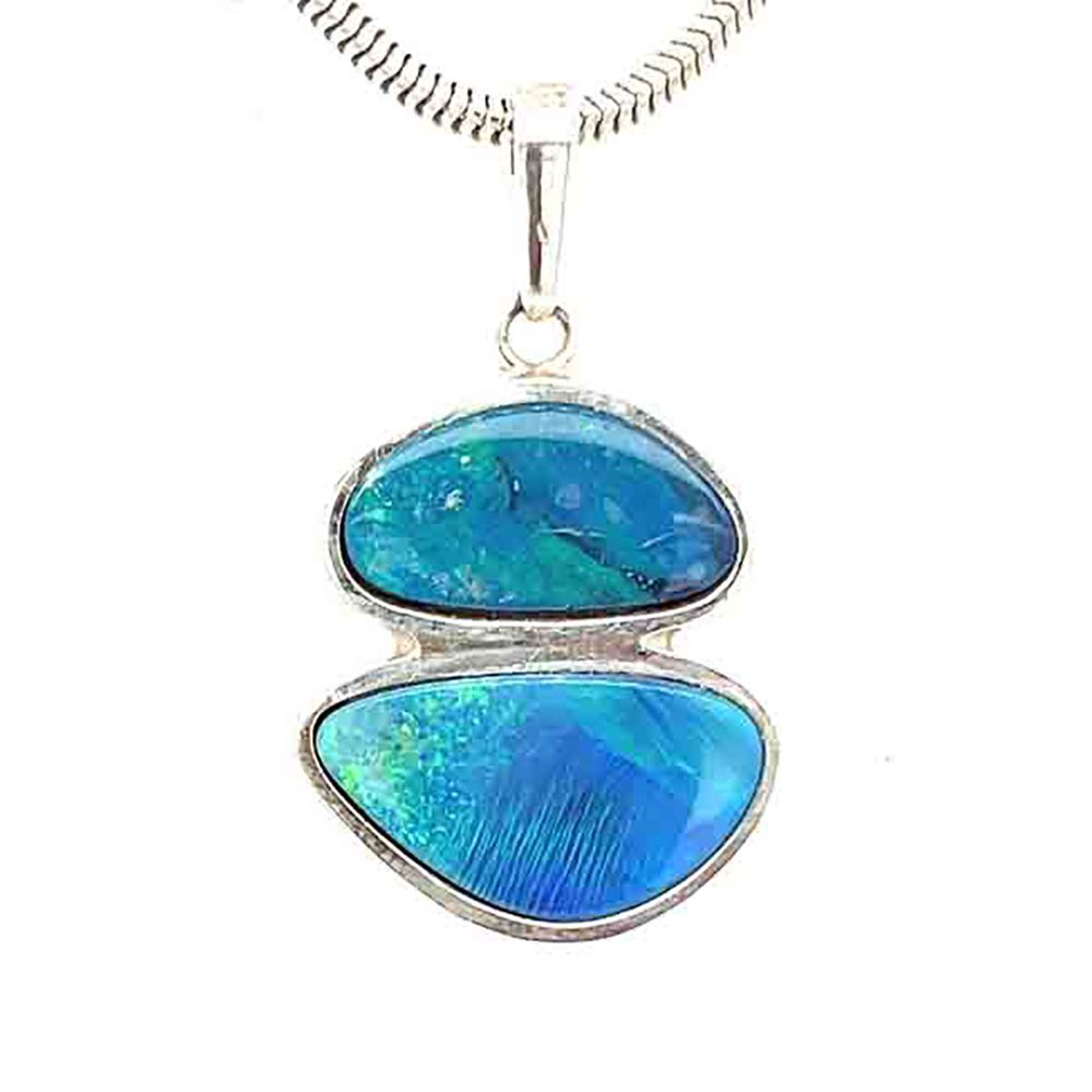 SILVER  ABSTRACT DOUBLE BLUE OPAL PENDANT