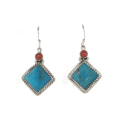 SILVER TURQUOISE &amp; CORAL EARRINGS NAVAJO-ANNIE SPENCER