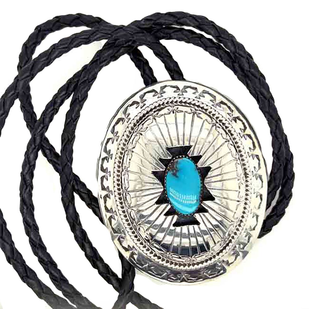 SILVER TURQUOISE BOLO TIE NAVAJO-WILBERT MUSKETT SR.