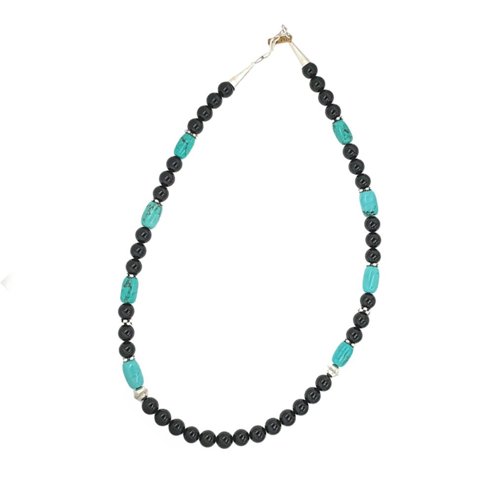 SILVER ONYX &amp; TURQUOISE BEAD NECKLACE NAVAJO - T&amp;R SINGER