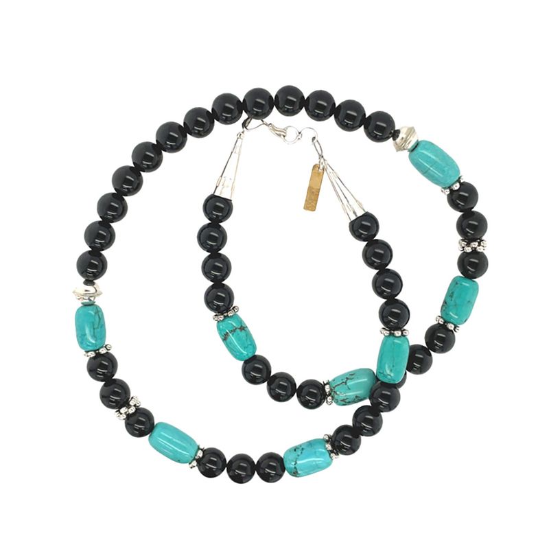 SILVER ONYX &amp; TURQUOISE BEAD NECKLACE NAVAJO - T&amp;R SINGER