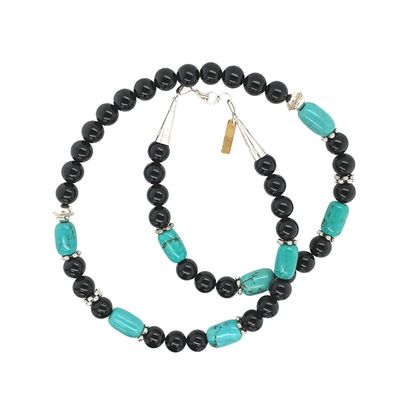 SILVER ONYX &amp; TURQUOISE BEAD NECKLACE NAVAJO - T&amp;R SINGER