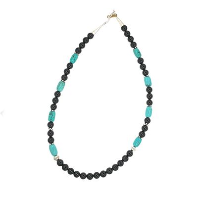 SILVER ONYX &amp; TURQUOISE BEAD NECKLACE NAVAJO - T&amp;R SINGER