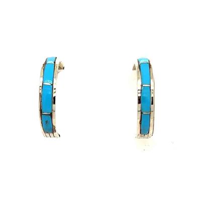 SILVER TURQUOISE INLAY HOOP EARRINGS ZUNI-DEB LIVINGSTON