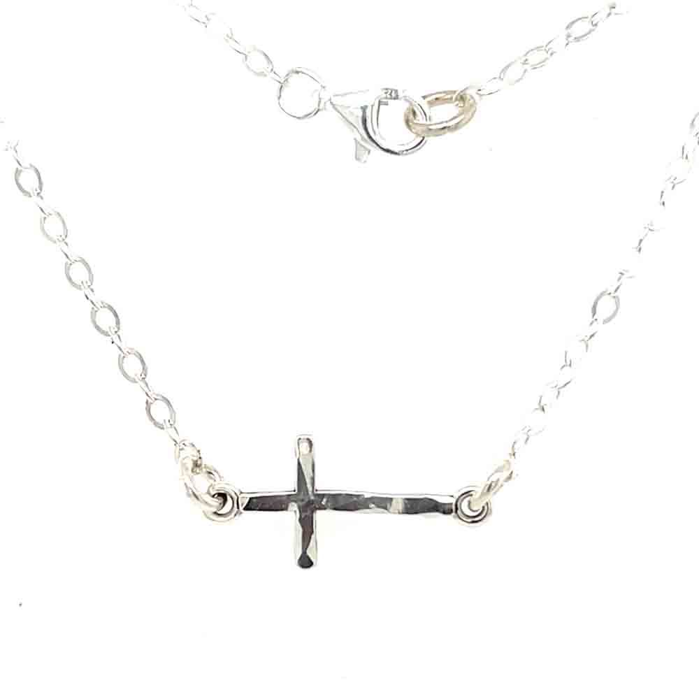 SILVER SIDEWAYS HAMMERED CROSS NECKLACE