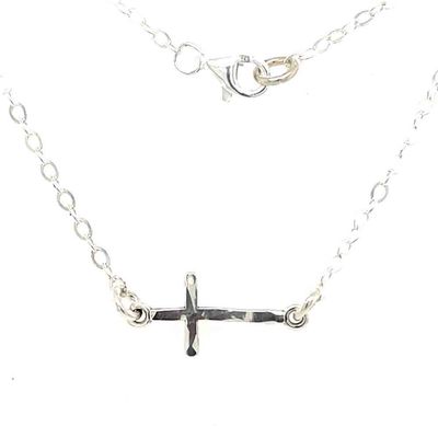 SILVER SIDEWAYS HAMMERED CROSS NECKLACE