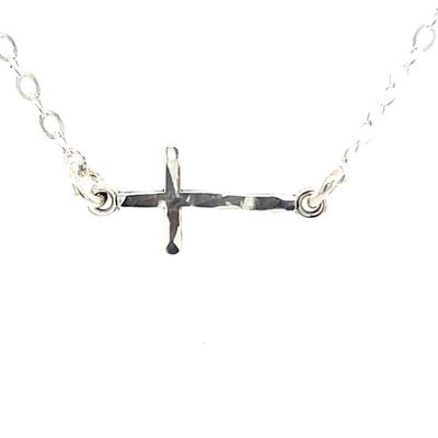 SILVER SIDEWAYS HAMMERED CROSS NECKLACE