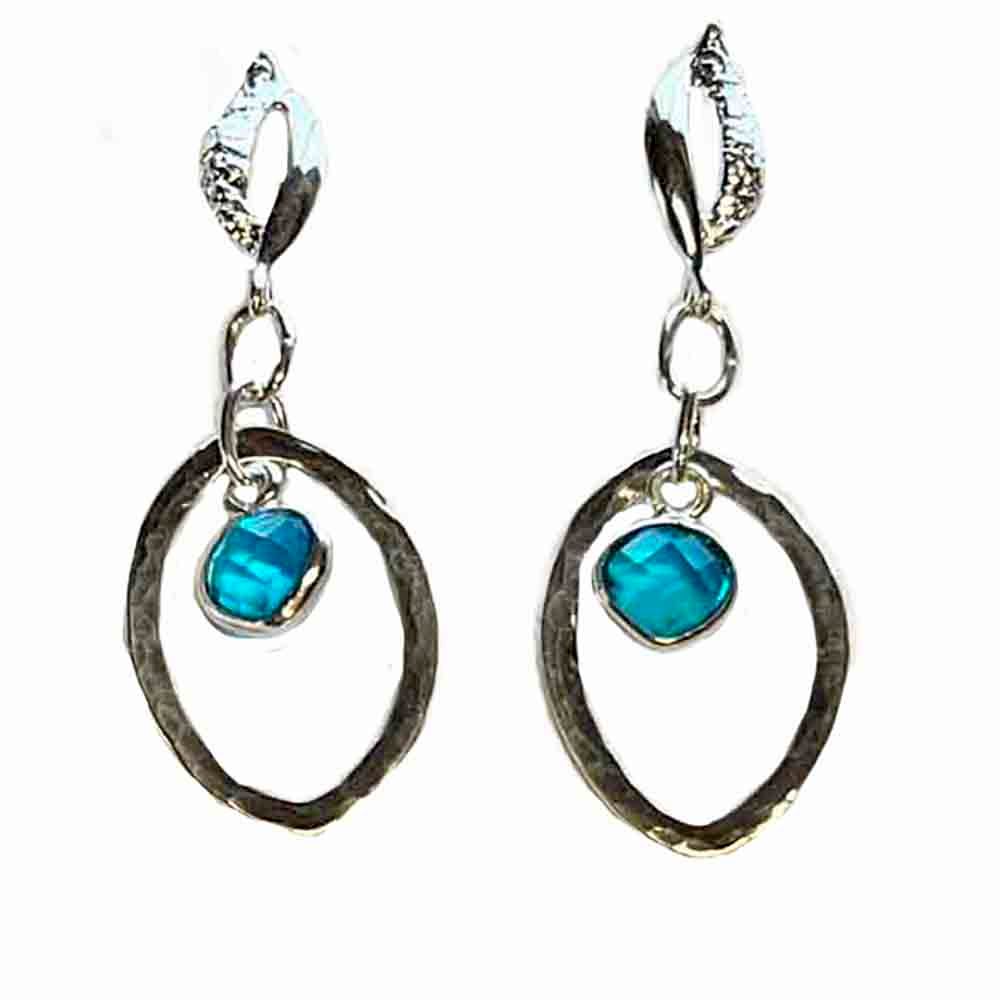 SILVER BLUE TOPAZ HAMMERED EARRINGS