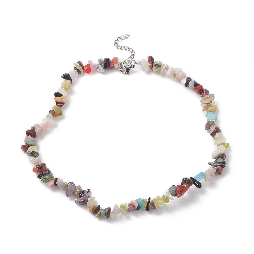 SILVER STAINLESS MIX GEMSTONE CHIP BEADED NECKLACE