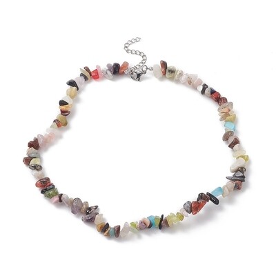 SILVER STAINLESS MIX GEMSTONE CHIP BEADED NECKLACE