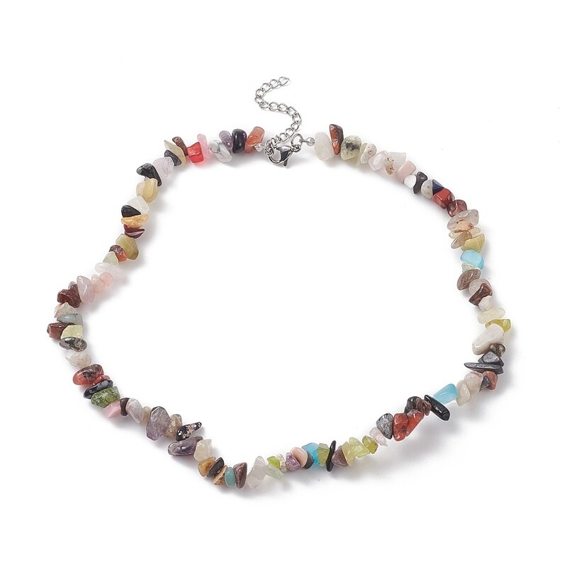 SILVER STAINLESS MIX GEMSTONE CHIP BEADED NECKLACE