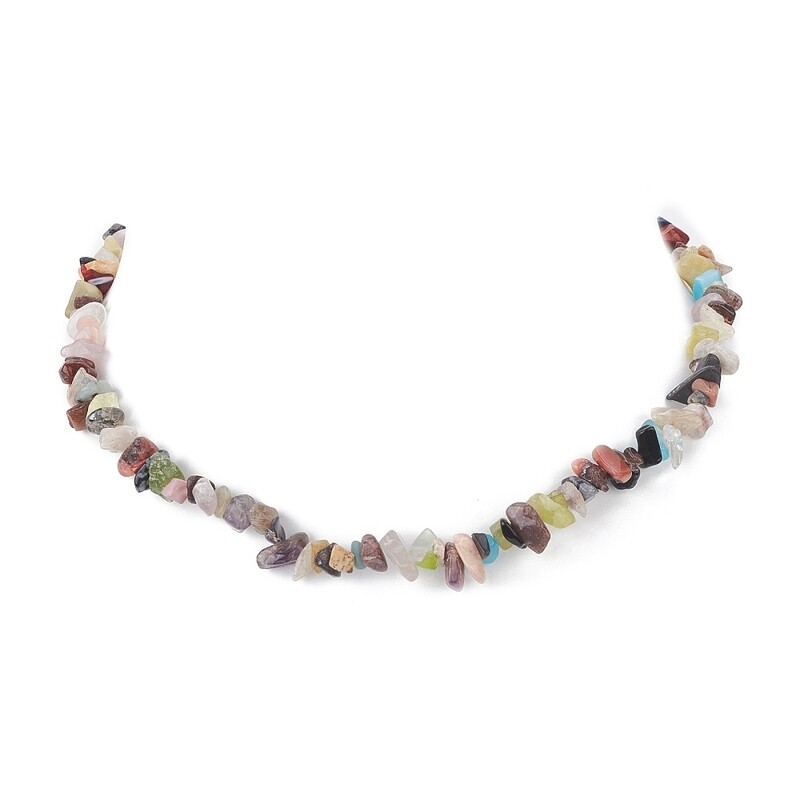 SILVER STAINLESS MIX GEMSTONE CHIP BEADED NECKLACE