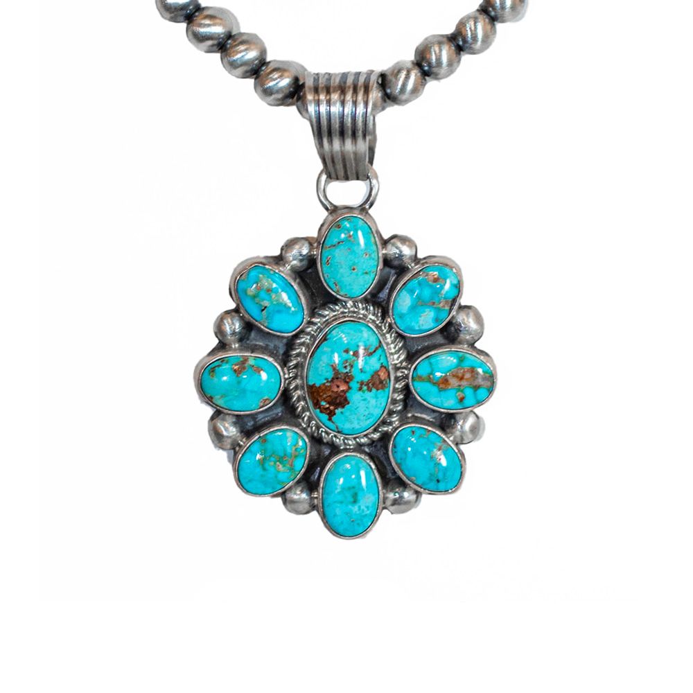 SILVER TURQUOISE FLOWER &amp; NAVAJO PEARL NECKLACE - NAVAJO - SHIRLEY HENRY