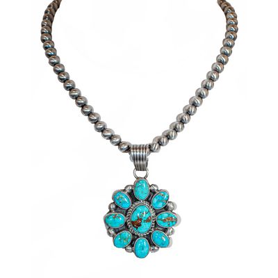 SILVER TURQUOISE FLOWER &amp; NAVAJO PEARL NECKLACE - NAVAJO - SHIRLEY HENRY